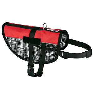Red dog harness with adjustable belly and chest straps, two fasteners for patches, made from lightweight mesh material