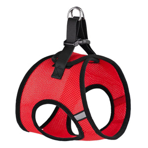 Red dog harness with quick release buckle and reflective strips, made from breathable nylon mesh