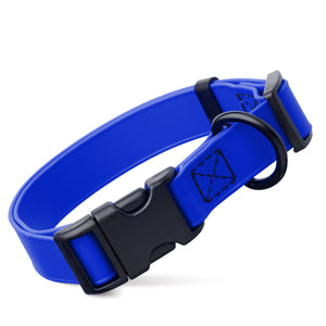 Blueberry dog collar with black quick release buckle and metal D-ring, adjustable, 3/4- or 1-inch wide, made from waterproof Biothane