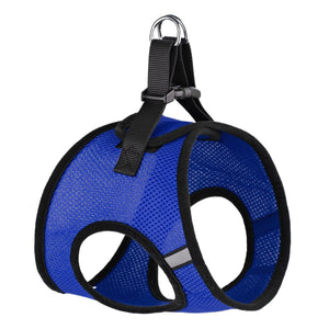 Blue dog harness with quick release buckle and reflective strips, made from breathable nylon mesh