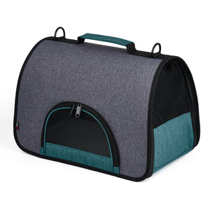 Black and teal pet carrier for small dogs and cats with mesh screens, collapsible design