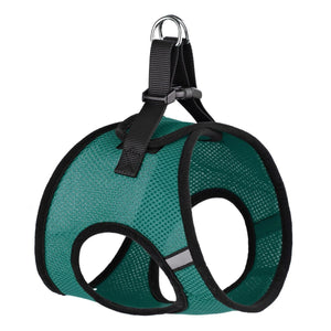 Teal dog harness with quick release buckle and reflective strips, made from breathable nylon mesh