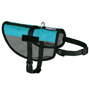 Turquoise dog harness with adjustable belly and chest straps, two fasteners for patches, made from lightweight mesh material