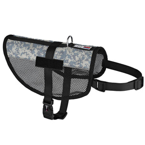 Urban camo dog harness with adjustable belly and chest straps, two fasteners for patches, made from lightweight mesh material