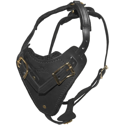 Leather working dog harness with brass hardware and padded chest plate