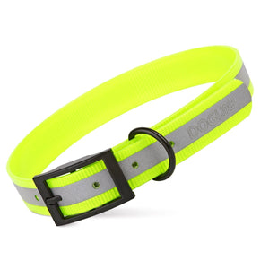 Translucent Yellow dog collar with reflective strip and black buckle, made from waterproof Biothane